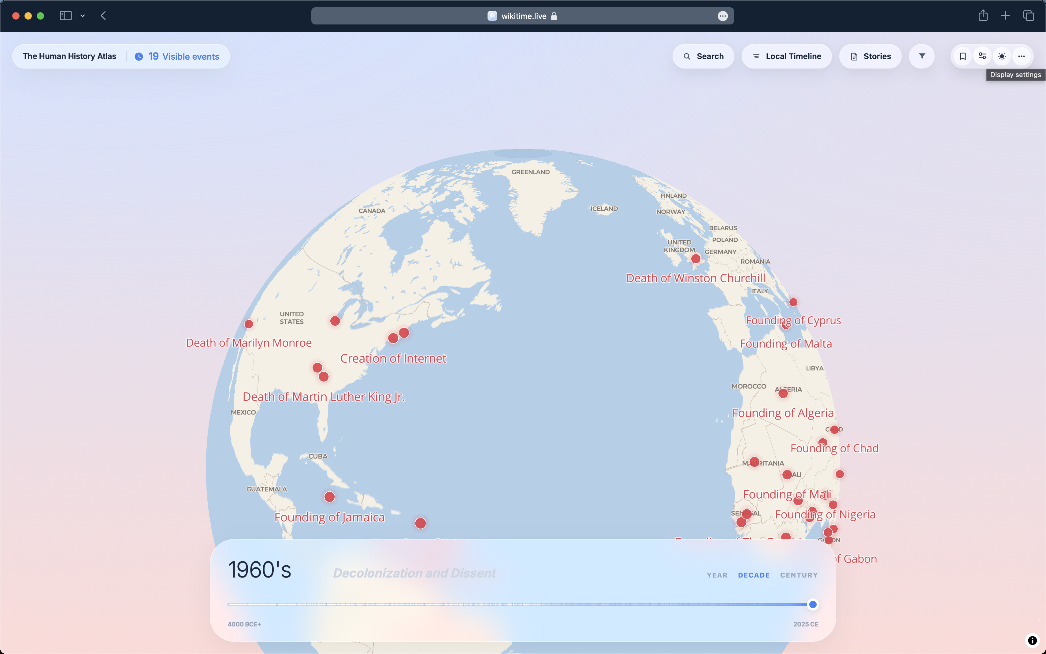Wikitime app showing the interactive history map